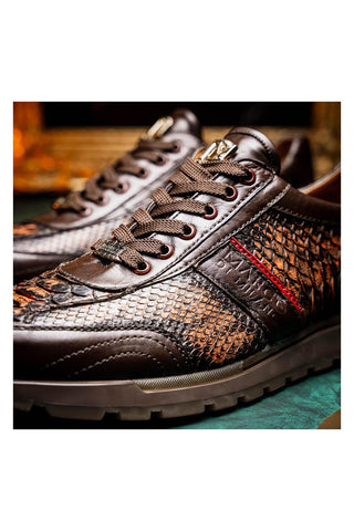 Marco Di Milano Brescia Washed Cognac Genuine Snake Skin / Calf-Skin Leather Sneakers (MDM1124)