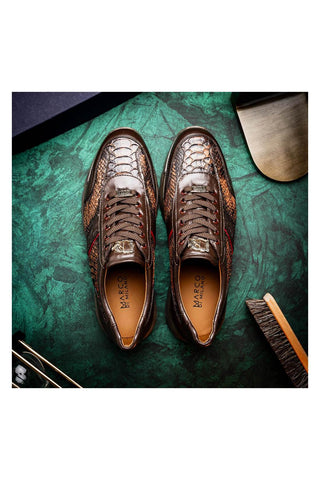 Marco Di Milano Brescia Washed Cognac Genuine Snake Skin / Leather Sneakers (MDM1124)