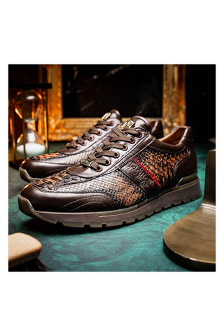 Marco Di Milano Brescia Washed Cognac Genuine Snake Skin / Leather Sneakers (MDM1124)