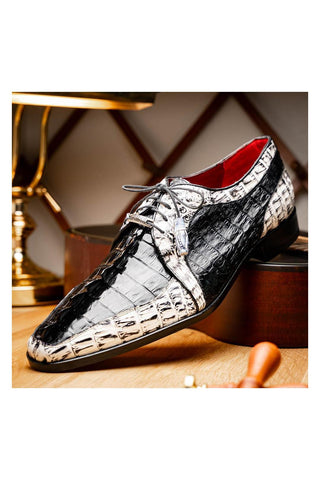 Marco Di Milano Caribe Black & Newspaper Genuine Hornback Caiman Crocodile Derby (MDM1118)
