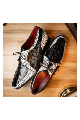 Marco Di Milano Caribe Black & Newspaper Genuine Hornback Caiman Crocodile Derby (MDM1118)