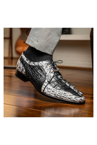 Marco Di Milano Caribe Black & Newspaper Genuine Hornback Caiman Crocodile Derby (MDM1118)