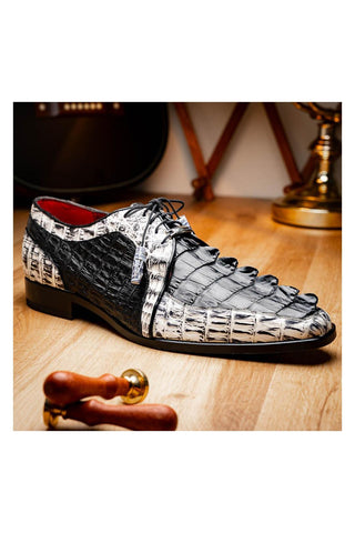 Marco Di Milano Caribe Black & Newspaper Genuine Hornback Caiman Crocodile Derby (MDM1118)