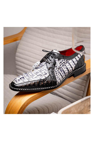 Marco Di Milano Caribe Newspaper & Black Genuine Hornback Caiman Crocodile Derby (MDM1118)