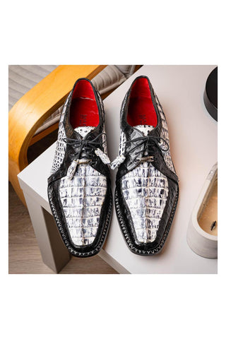 Marco Di Milano Caribe Newspaper & Black Genuine Hornback Caiman Crocodile Derby (MDM1118)