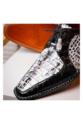 Marco Di Milano Caribe Newspaper & Black Genuine Hornback Caiman Crocodile Derby (MDM1118)