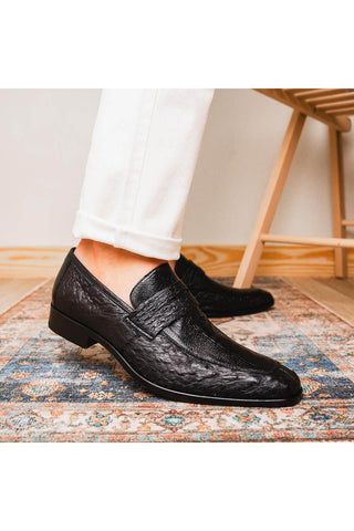Marco Di Milano Fangio Black Genuine Ostrich Leg / Ostrich Quill Penny Loafers (MDM1112)