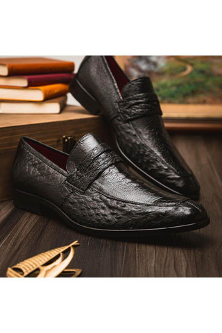Marco Di Milano Fangio Black Genuine Ostrich Leg / Ostrich Quill Penny Loafers (MDM1112)