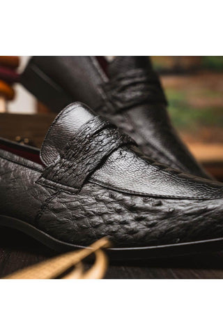 Marco Di Milano Fangio Black Genuine Ostrich Leg / Ostrich Quill Penny Loafers (MDM1112)