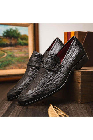 Marco Di Milano Fangio Black Genuine Ostrich Leg / Ostrich Quill Penny Loafers (MDM1112)