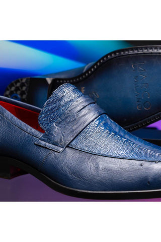 Marco Di Milano Fangio Blue Genuine Ostrich Leg / Ostrich Quill Penny Loafers (MDM1112)