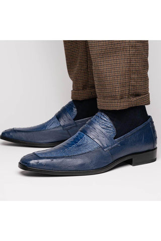 Marco Di Milano Fangio Blue Genuine Ostrich Leg / Ostrich Quill Penny Loafers (MDM1112)