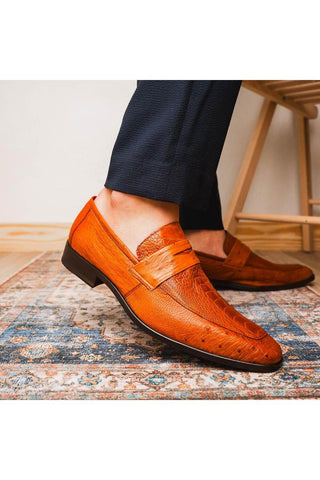 Marco Di Milano Fangio Cognac Genuine Ostrich Leg / Ostrich Quill Penny Loafers (MDM1112)