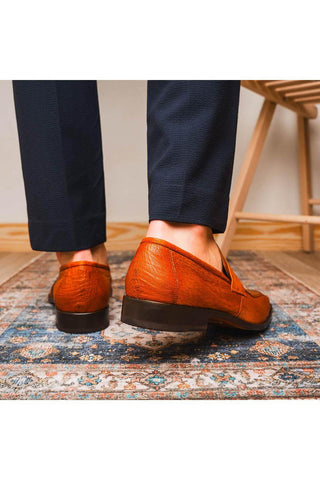 Marco Di Milano Fangio Cognac Genuine Ostrich Leg / Ostrich Quill Penny Loafers (MDM1112)