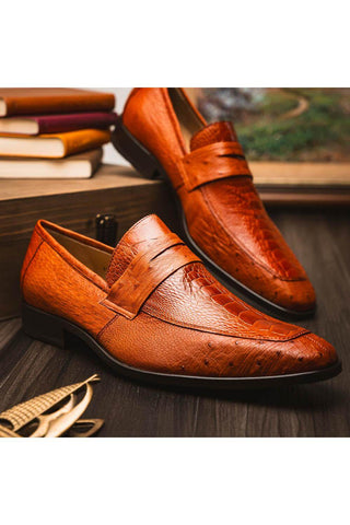 Marco Di Milano Fangio Cognac Genuine Ostrich Leg / Ostrich Quill Penny Loafers (MDM1112)
