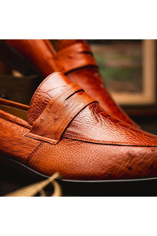 Marco Di Milano Fangio Cognac Genuine Ostrich Leg / Ostrich Quill Penny Loafers (MDM1112)