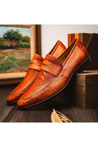 Marco Di Milano Fangio Cognac Genuine Ostrich Leg / Ostrich Quill Penny Loafers (MDM1112)