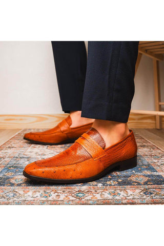 Marco Di Milano Fangio Cognac Genuine Ostrich Leg / Ostrich Quill Penny Loafers (MDM1112)