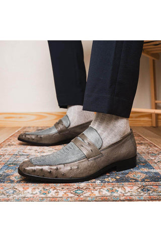Marco Di Milano Fangio Serpentine Gray Genuine Ostrich Leg / Ostrich Quill Penny Loafers (MDM1112)