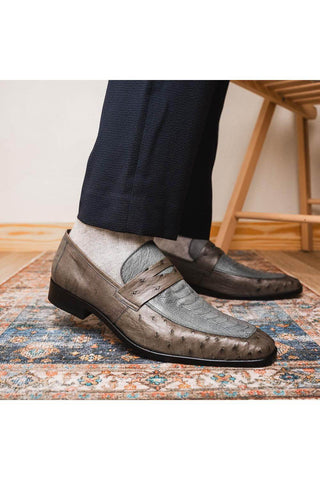Marco Di Milano Fangio Serpentine Gray Genuine Ostrich Leg / Ostrich Quill Penny Loafers (MDM1112)