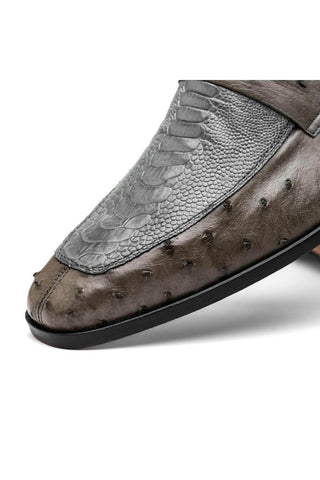 Marco Di Milano Fangio Serpentine Gray Genuine Ostrich Leg / Ostrich Quill Penny Loafers (MDM1112)