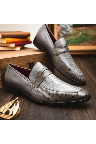 Marco Di Milano Fangio Serpentine Gray Genuine Ostrich Leg / Ostrich Quill Penny Loafers (MDM1112)
