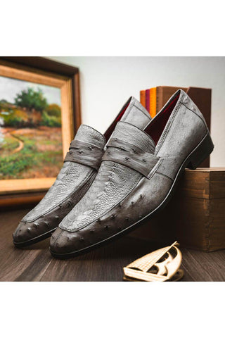 Marco Di Milano Fangio Serpentine Gray Genuine Ostrich Leg / Ostrich Quill Penny Loafers (MDM1112)
