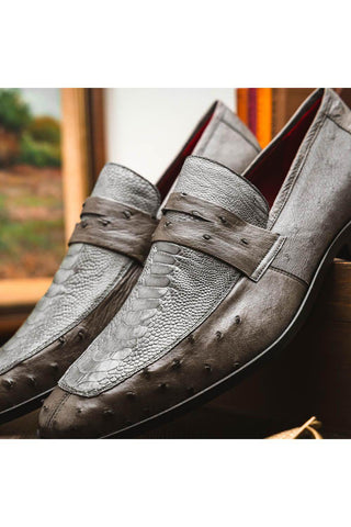 Marco Di Milano Fangio Serpentine Gray Genuine Ostrich Leg / Ostrich Quill Penny Loafers (MDM1112)