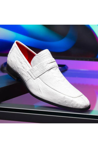Marco Di Milano Fangio White Genuine Ostrich Leg / Ostrich Quill Penny Loafers (MDM1112)