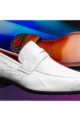 Marco Di Milano Fangio White Genuine Ostrich Leg / Ostrich Quill Penny Loafers (MDM1112)