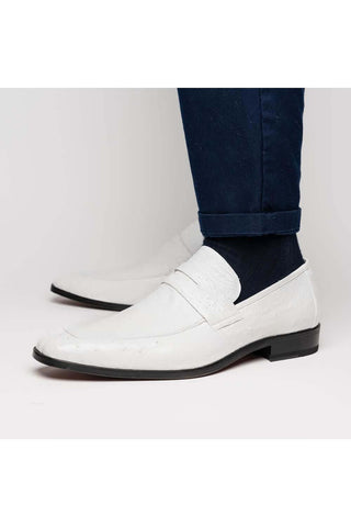 Marco Di Milano Fangio White Genuine Ostrich Leg / Ostrich Quill Penny Loafers (MDM1112)