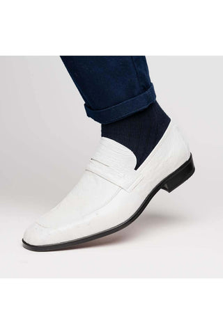Marco Di Milano Fangio White Genuine Ostrich Leg / Ostrich Quill Penny Loafers (MDM1112)