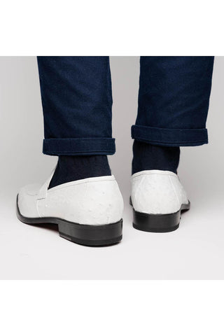 Marco Di Milano Fangio White Genuine Ostrich Leg / Ostrich Quill Penny Loafers (MDM1112)