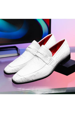 Marco Di Milano Fangio White Genuine Ostrich Leg / Ostrich Quill Penny Loafers (MDM1112)