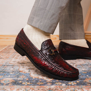 Marco Di Milano Ferrioni Men's Shoes Black Cherry Exotic Ostrich Horsebit Moccasin loafers (MDM1172)-AmbrogioShoes