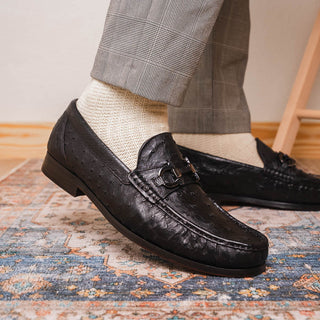 Marco Di Milano Ferrioni Men's Shoes Black Exotic Ostrich Horsebit Moccasin loafers (MDM1171)-AmbrogioShoes