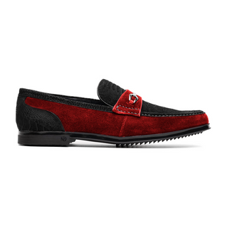 Marco Di Milano Hugo Men's Shoes Black & Red Suede / Ostrich Leg Horsebit Loafers (MDM1065)-AmbrogioShoes