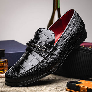 Marco Di Milano Hugo Men's Shoes Black Stylish Exotic Alligator HorseBit Loafers (MDM1040)-AmbrogioShoes