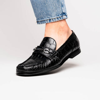 Marco Di Milano Hugo Men's Shoes Black Stylish Exotic Alligator HorseBit Loafers (MDM1040)-AmbrogioShoes