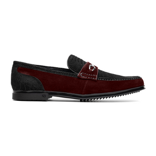 Marco Di Milano Hugo Men's Shoes Black & Wine Suede / Ostrich Leg Horsebit Loafers (MDM1064)-AmbrogioShoes