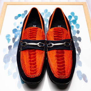 Marco Di Milano Hugo Men's Shoes Orange & Navy Suede / Ostrich Leg Horsebit Loafers (MDM1058)-AmbrogioShoes