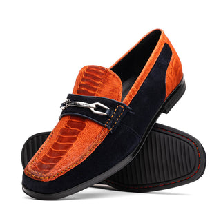 Marco Di Milano Hugo Men's Shoes Orange & Navy Suede / Ostrich Leg Horsebit Loafers (MDM1058)-AmbrogioShoes