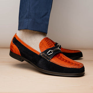 Marco Di Milano Hugo Men's Shoes Orange & Navy Suede / Ostrich Leg Horsebit Loafers (MDM1058)-AmbrogioShoes