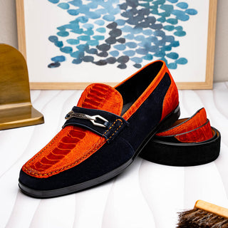 Marco Di Milano Hugo Men's Shoes Orange & Navy Suede / Ostrich Leg Horsebit Loafers (MDM1058)-AmbrogioShoes