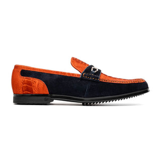 Marco Di Milano Hugo Men's Shoes Orange & Navy Suede / Ostrich Leg Horsebit Loafers (MDM1058)-AmbrogioShoes