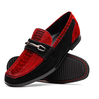 Marco Di Milano Hugo Men's Shoes Red & Black Suede / Ostrich Leg Horsebit Loafers (MDM1057)-AmbrogioShoes