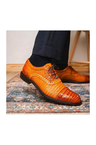 Marco Di Milano John Brandy Caiman Crocodile / Woven Leather Oxfords (MDM1178)