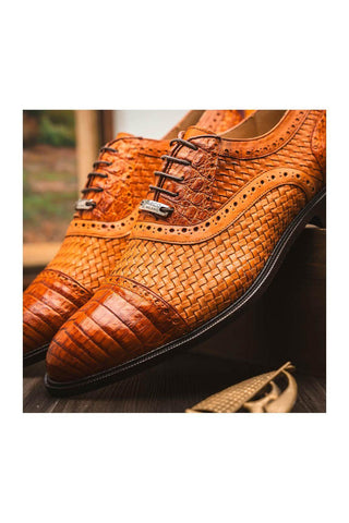 Marco Di Milano John Brandy Exotic Caiman Crocodile / Woven Leather Oxfords (MDM1178)