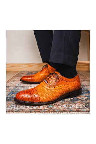Marco Di Milano John Brandy Exotic Caiman Crocodile / Woven Leather Oxfords (MDM1178)