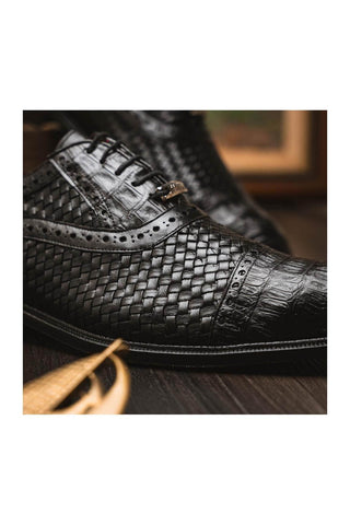 Marco Di Milano John Men's Black Shoes Caiman Crocodile / Woven Leather Oxfords (MDM1178)